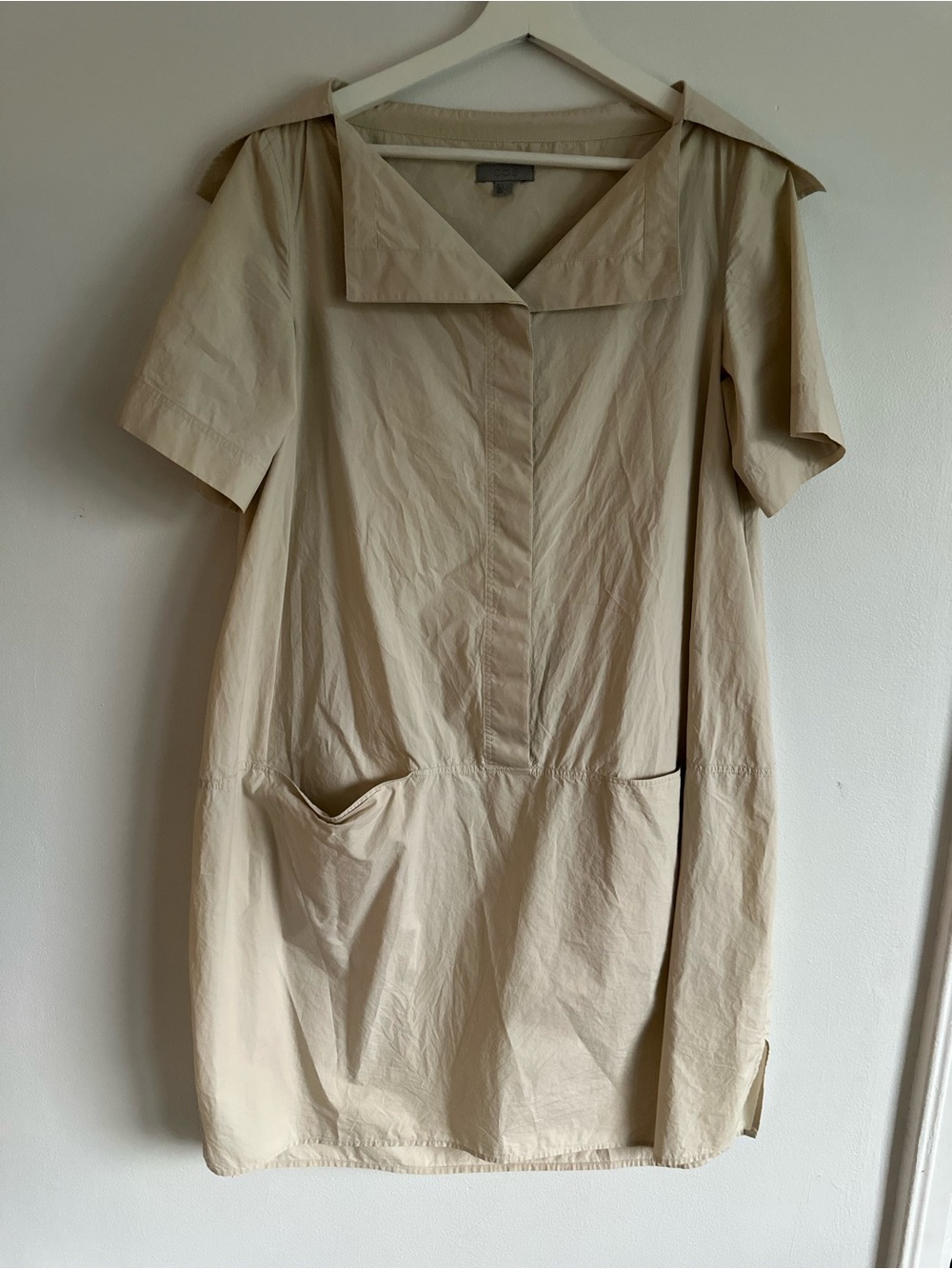 COS 100% Cotton Short-Sleeve Sailor-Collar Shift Dress in Light Beige Size 2